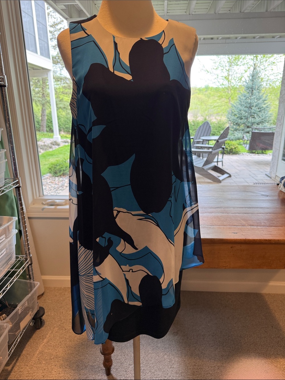 SLNY Blue Black White Abstract Asymmetrical Dress